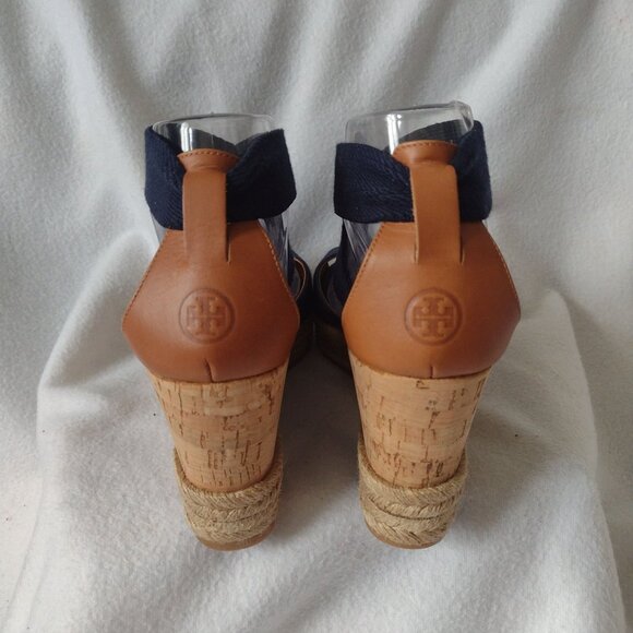 Tory Burch Natanya Wedge Espadrilles 9 Navy Blue Sandals w Elastic Ankle Straps - Picture 5 of 10